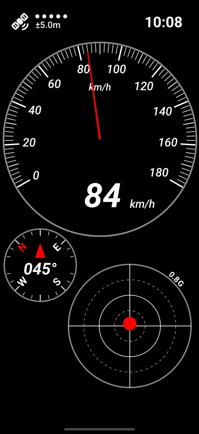 Dashboard with speed, compass and G-force widgets